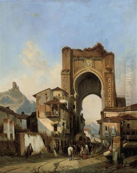 Figures At A Spanish Gateway Oil Painting by Jacques Carabain