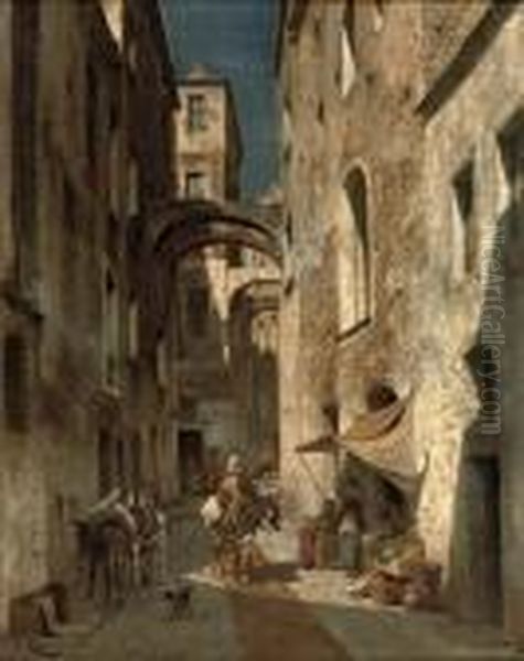 Figures In A Sunlit Street In Bordighera, Italy Oil Painting by Jacques Carabain