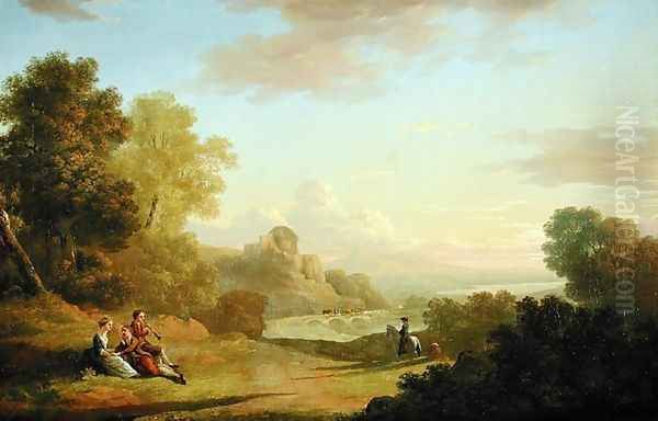 An Imaginary Landscape with a Traveller and Figures Overlooking the Bay of Baiae Oil Painting by Thomas Jones