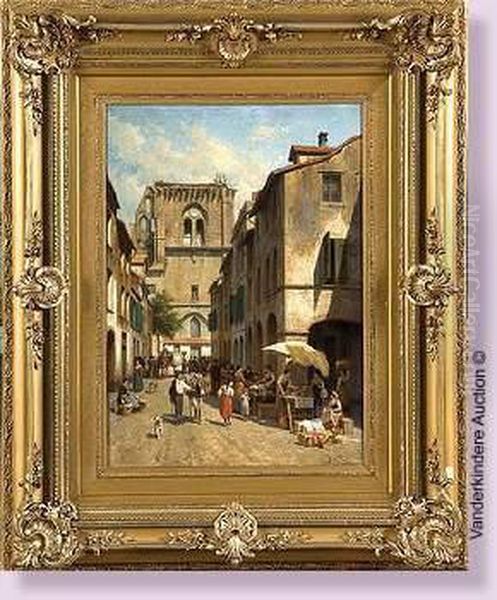 Rue Des Arcades Animee A Villeneuve-lez-avignon Oil Painting by Jacques Carabain