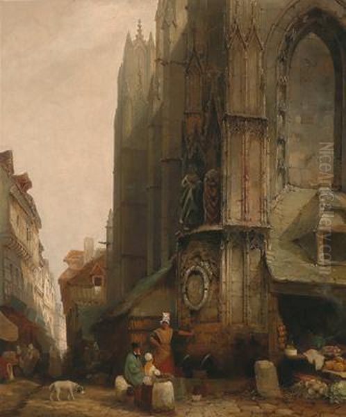 Market Scene In Front Of A Gothic Cathedral Oil Painting by Jacques Carabain