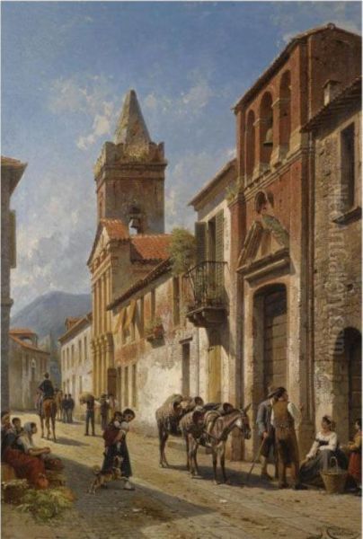 Street In Pascara Oil Painting by Jacques Carabain