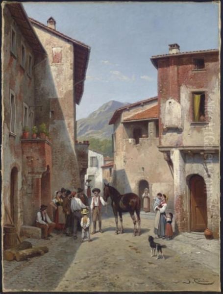 Villagers In A Sunlit Street, Narni, Italy Oil Painting by Jacques Carabain