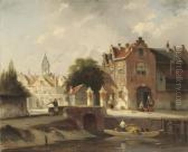 A Sunlit Town With Figures On A Quay Oil Painting by Jacques Carabain