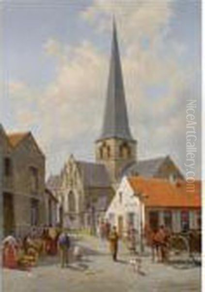 Figures On A Market Place At The Church Of Sint Kwintens Lennik,belgium Oil Painting by Jacques Carabain