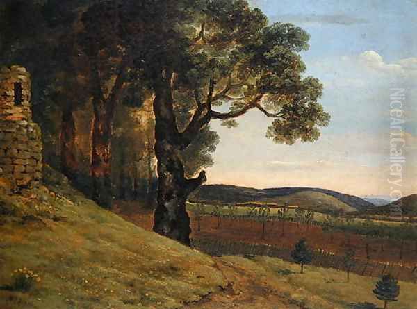 Welsh landscape with oak trees by a ruin Oil Painting by Thomas Jones