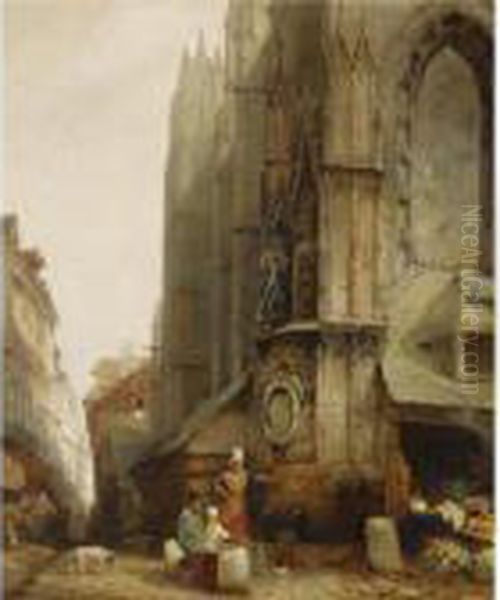 A Market Scene In Front Of A Gothic Cathedral Oil Painting by Jacques Carabain