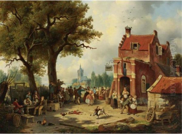 Festivities Outside The Inn Oil Painting by Jacques Carabain