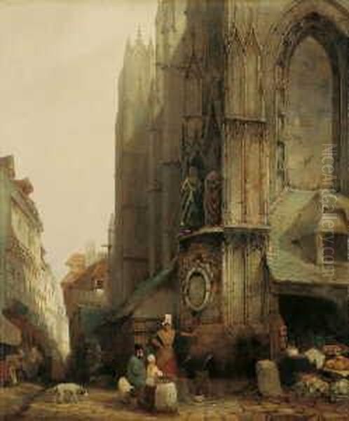 Marktszene Vor Einer Gotischen Kathedrale. Oil Painting by Jacques Carabain