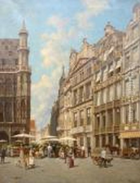 Le Marche Aux Fleurs Pres De La Grand' Place A Bruxelles
Doek - Toile, 116 X 91. Oil Painting by Jacques Carabain