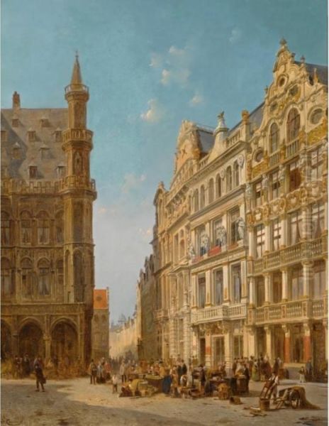 Many Figures At An Auction On The Grande Place In Brussels Oil Painting by Jacques Carabain