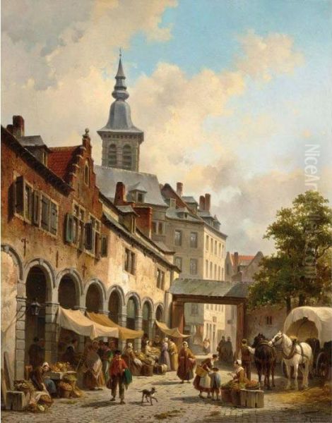 A Busy Market On A Town Square Oil Painting by Jacques Carabain