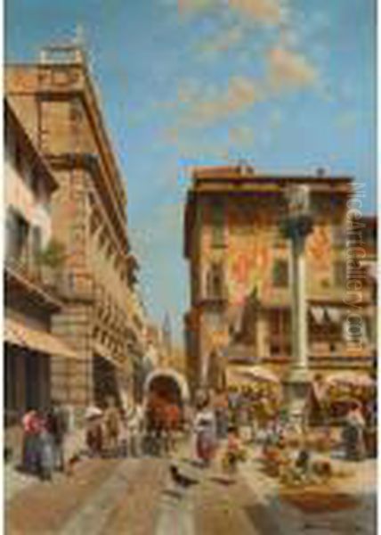 Piazza Delle Erbe, Verona Oil Painting by Jacques Carabain