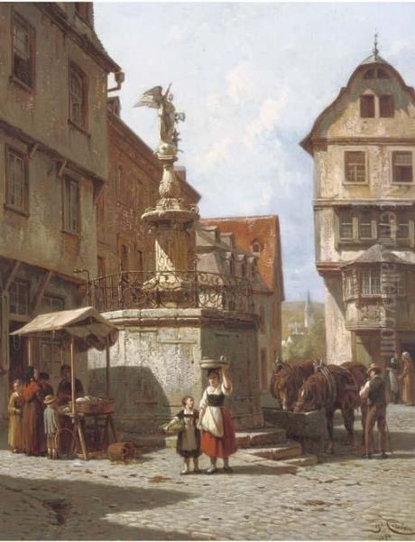 Une Fontaine A Bern-castel, Bords De La Moselle: A Town Square In Switzerland Oil Painting by Jacques Carabain