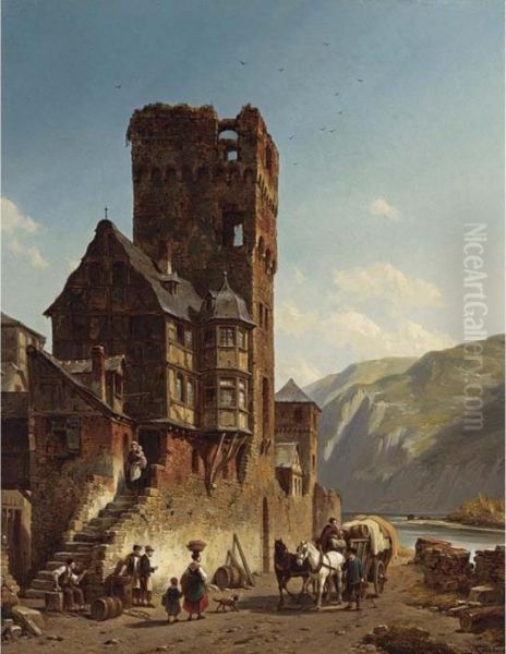 A Busy Street Scene In A River Side Town Oil Painting by Jacques Carabain