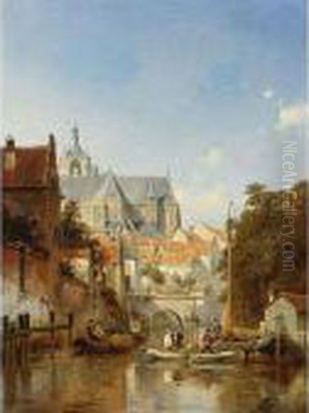 A Town Scene With Figures On A Canal Oil Painting by Jacques Carabain