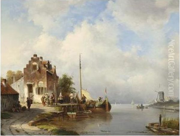 A View Of A Dutch Village On The Waterfront Oil Painting by Jacques Carabain