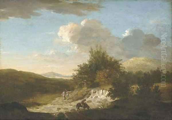 A wooded river landscape with figures by a ford Oil Painting by Thomas Jones