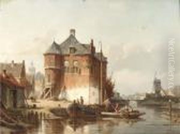 A View Of A Town With Figures Along The Banks Of A Canal Oil Painting by Jacques Carabain