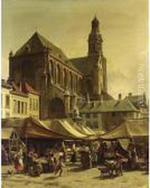 Market Day In Antwerp Oil Painting by Jacques Carabain