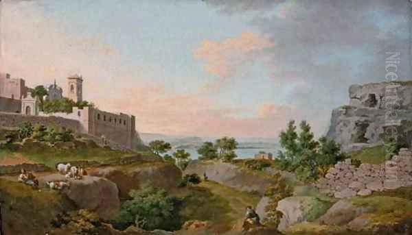 An Italianate landscape with a monastery, herders in the foreground Oil Painting by Thomas Jones