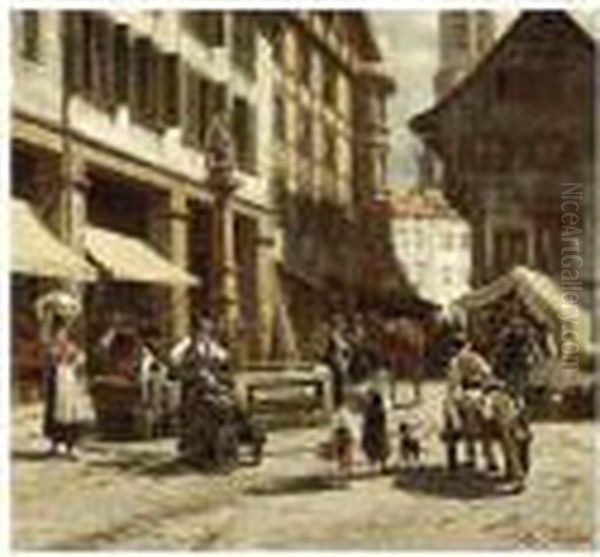 A Busy Market Square In A Town Oil Painting by Jacques Carabain