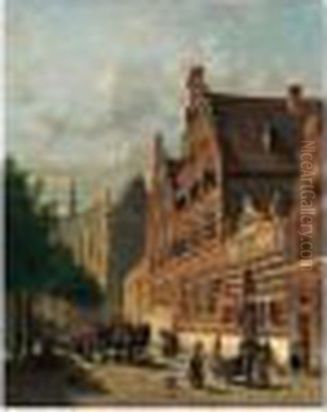 Stadgezicht Op Leiden (a Street Scene In Leiden) Oil Painting by Jacques Carabain