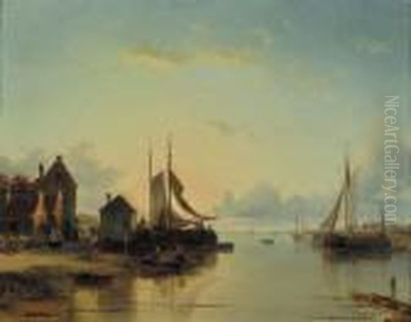 View Of A Small Fishing-port At Dusk Oil Painting by Jacques Carabain