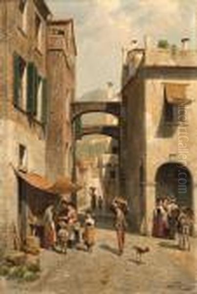 A Sunny Street Scene Oil Painting by Jacques Carabain