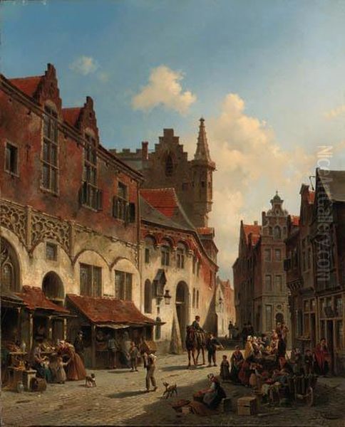 Morning In A Busy Market Oil Painting by Jacques Carabain