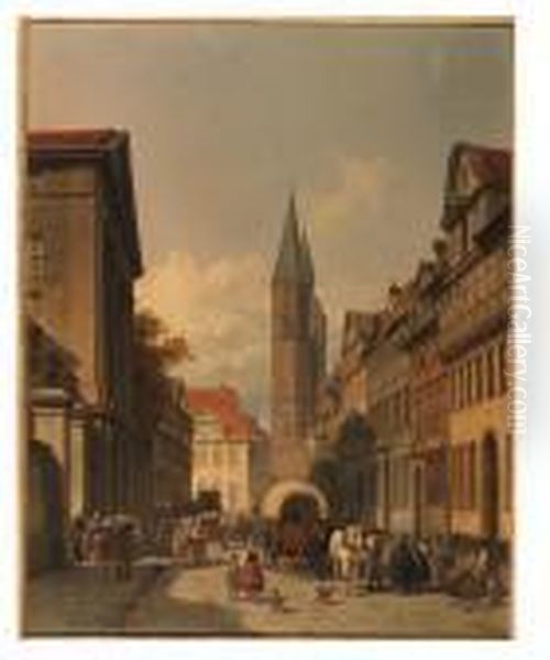 A Busy Street In A German Town Oil Painting by Jacques Carabain