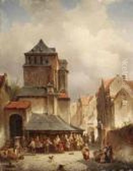 A Bustling Marketplace Oil Painting by Jacques Carabain