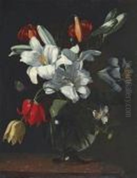 Lilies, Tulips And Other Flowers, In A Glass Vase, On A Ledge Oil Painting by Michelangelo Merisi Da Caravaggio