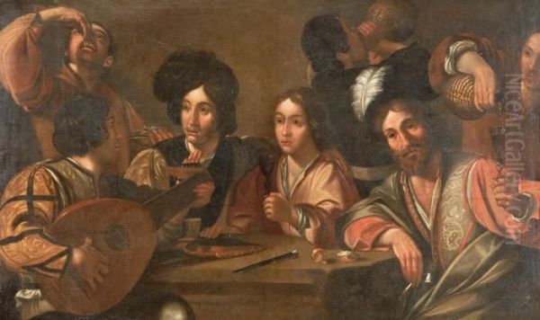 Scena Di Taverna Con Bevitori E Suonatore Di Liuto. Oil Painting by Michelangelo Merisi Da Caravaggio