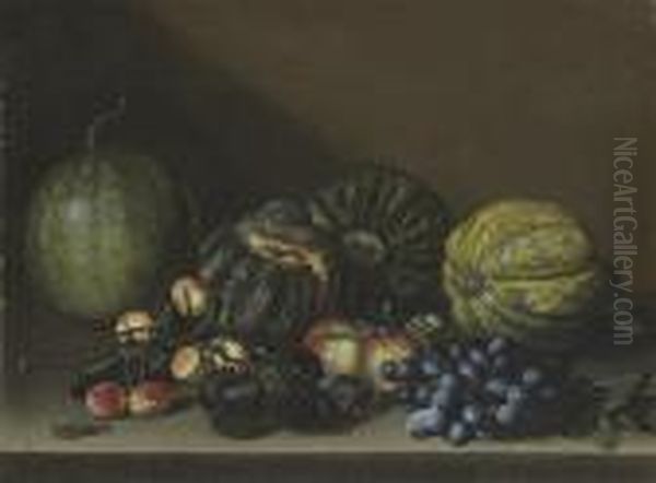 Melons, Apricots, Grapes And Apples On A Stone Ledge Oil Painting by Michelangelo Merisi Da Caravaggio