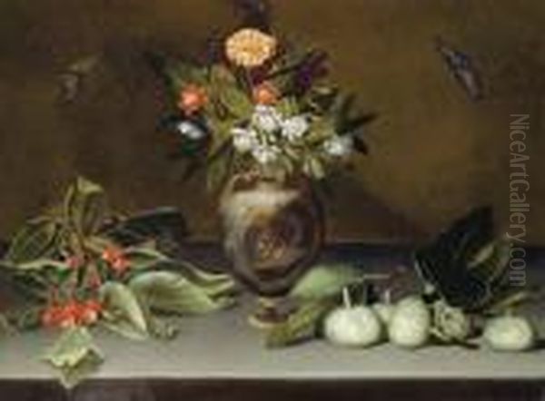 Narcissi And A Carnation In An Urn On A Stone Ledge With Cherries, Figs And Butterflies Oil Painting by Michelangelo Merisi Da Caravaggio