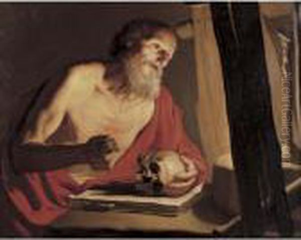 Saint Jerome With A Skull And Crucifix Oil Painting by Michelangelo Merisi Da Caravaggio