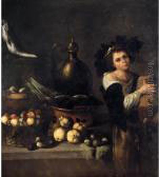 A Kitchen Still Life With A 
Servant Boy Holding A Cask Of Wine Beside A Table Laden With Fruit, 
Vegetables And Fish Oil Painting by Michelangelo Merisi Da Caravaggio