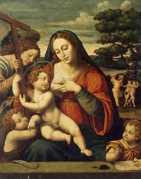 Virgin and the Child with Sts John the Baptist and John the Evangelist Oil Painting by Juan De (Vicente) Juanes (Masip)