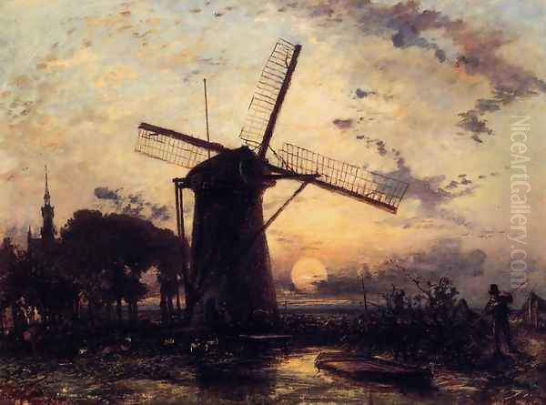 Boatman By A Windmill At Sundown Oil Painting by Johan Barthold Jongkind