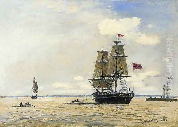 Norwegian Naval Ship Leaving The Port Of Honfleur Oil Painting by Johan Barthold Jongkind