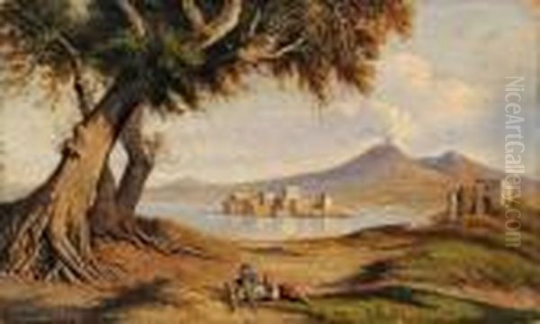 Scene Pastorale Sur Fond De Baie De Naples Oil Painting by Consalvo Carelli