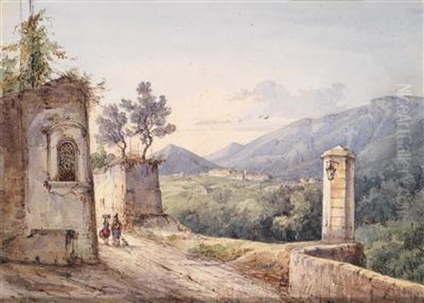 Bergstrase Initalien Mit Ruinen Und Wanderern Oil Painting by Consalvo Carelli