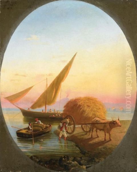 Heuwagen Und Fischerbooteam Strand Von Neapel Oil Painting by Consalvo Carelli