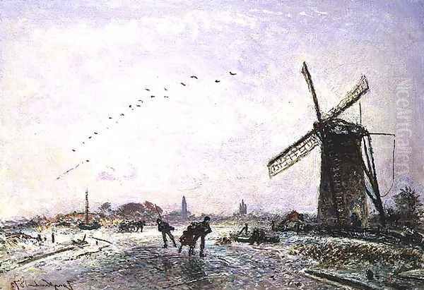 Ice-Skaters in Holland, 1872 Oil Painting by Johan Barthold Jongkind