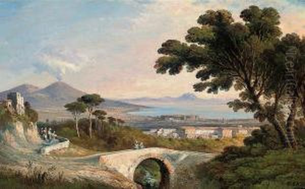 Figures On A Bridge, Vesuvius Beyond Oil Painting by Consalvo Carelli