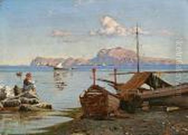 A Fisherman At Posollipo With Ischia In The Background Oil Painting by Consalvo Carelli