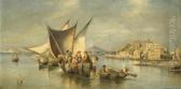 Fishermen Near The Coast Of Pozzuoli, The Vesuvius In The Distance Oil Painting by Consalvo Carelli