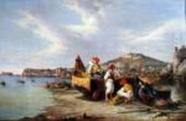 Gosalvo Carelli Pescatori Sulla Spiaggia Oil Painting by Consalvo Carelli