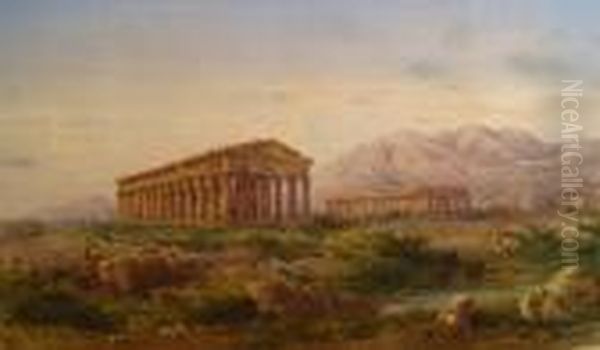 Temple Of Hera , Paestum , Near Naples , Italy Oil Painting by Consalvo Carelli